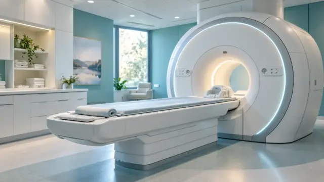 An empty fictional MRI scanner room with a patient table and soft teal lighting.