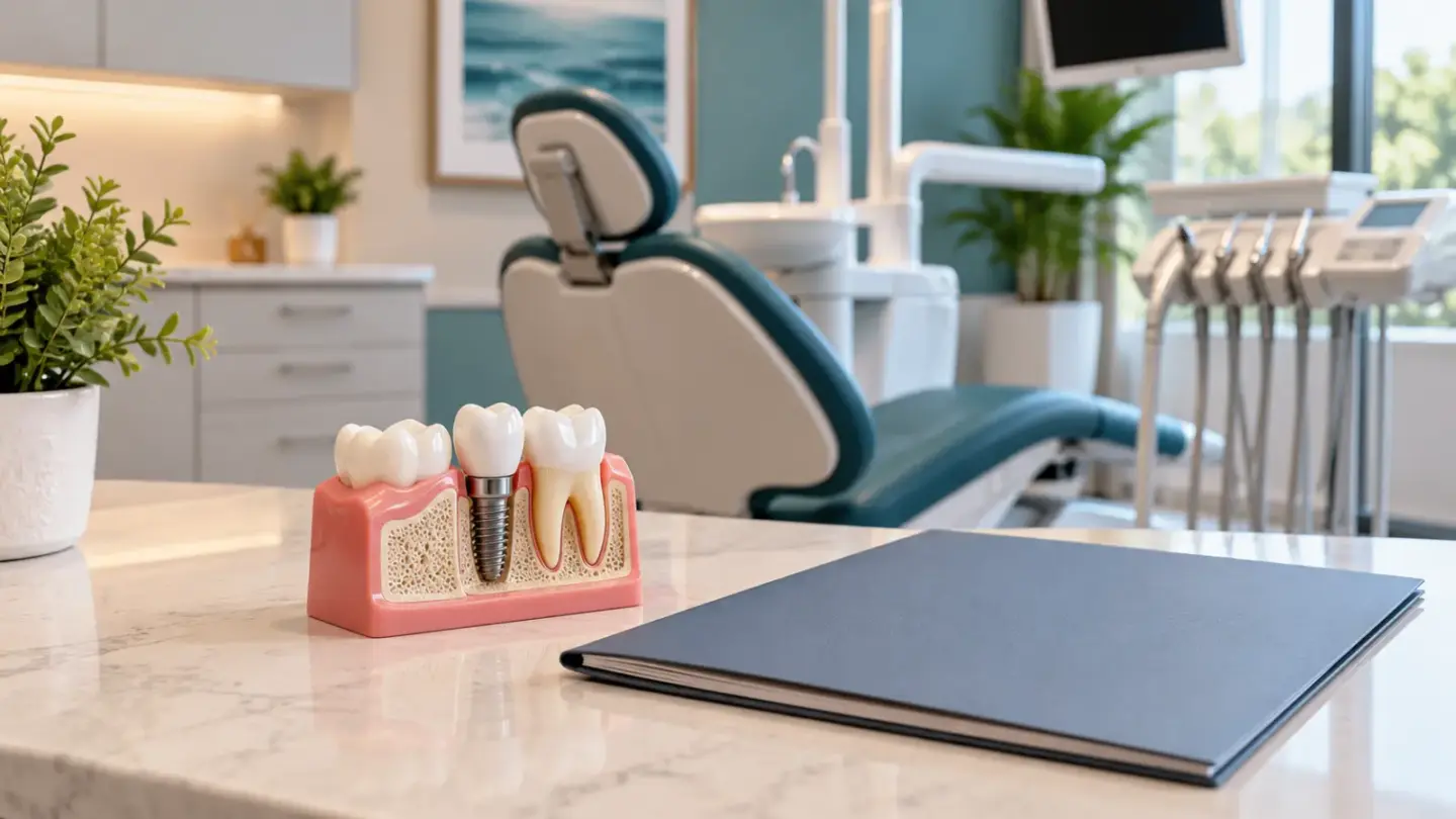 A fictional empty dental consultation room with a demonstration tooth model and closed estimate folder.