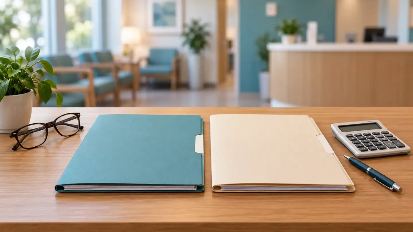 Fictional plain document folders, eyeglasses, pen and calculator with a blurred healthcare background.