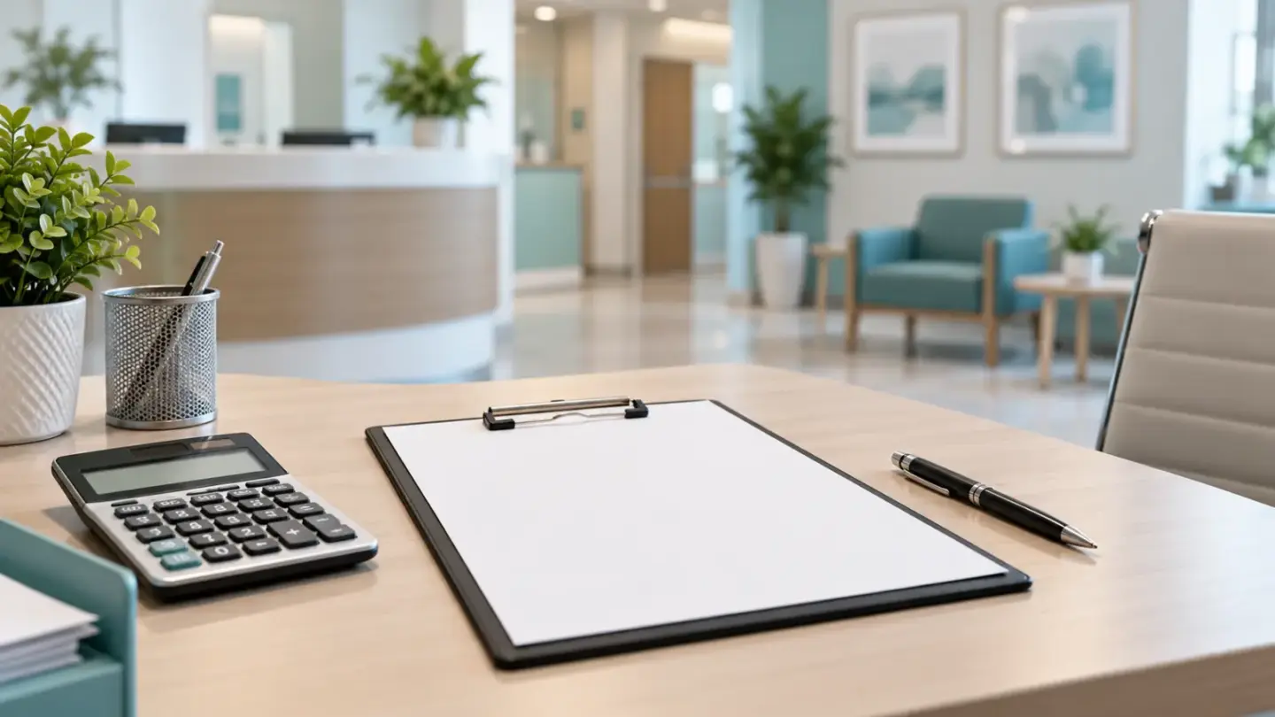 Fictional blank estimate clipboard, calculator and pen on a healthcare consultation desk.