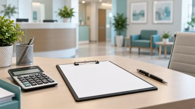 Fictional blank estimate clipboard, calculator and pen on a healthcare consultation desk.