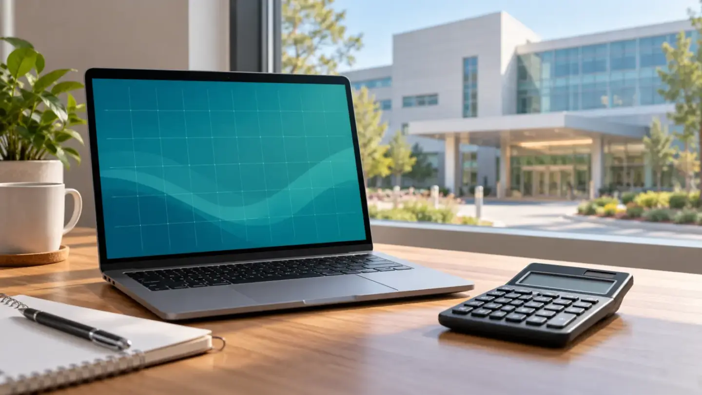 Fictional laptop with an abstract price grid and calculator near a window overlooking a hospital building.