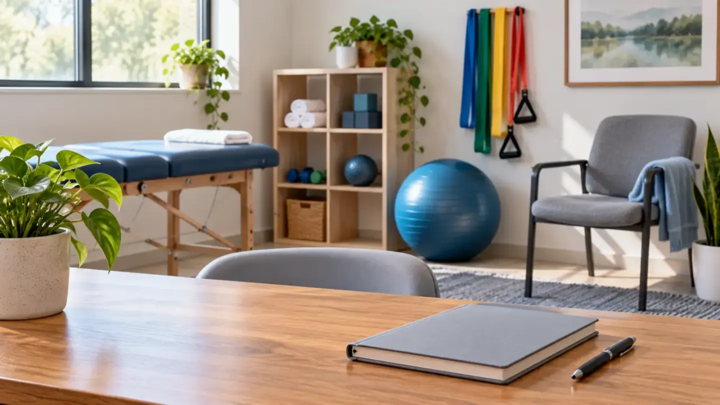 Fictional empty physical therapy room with exercise bands, therapy ball and a plain appointment notebook.