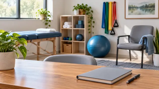 Fictional empty physical therapy room with exercise bands, therapy ball and a plain appointment notebook.