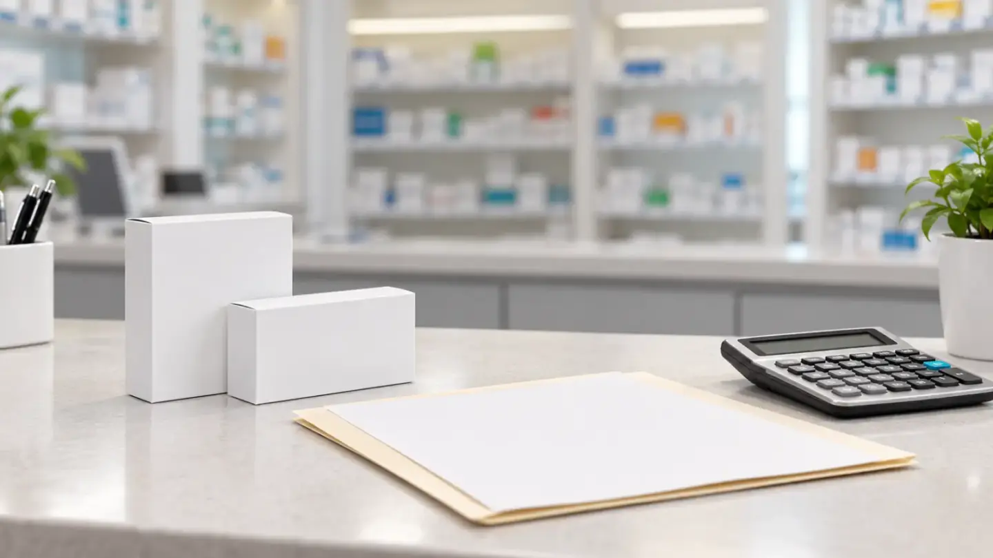 Fictional plain medicine cartons and blank prescription folder beside a calculator at an empty pharmacy counter.