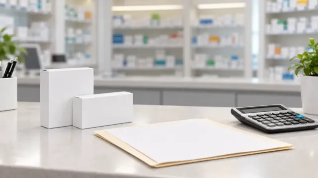 Fictional plain medicine cartons and blank prescription folder beside a calculator at an empty pharmacy counter.