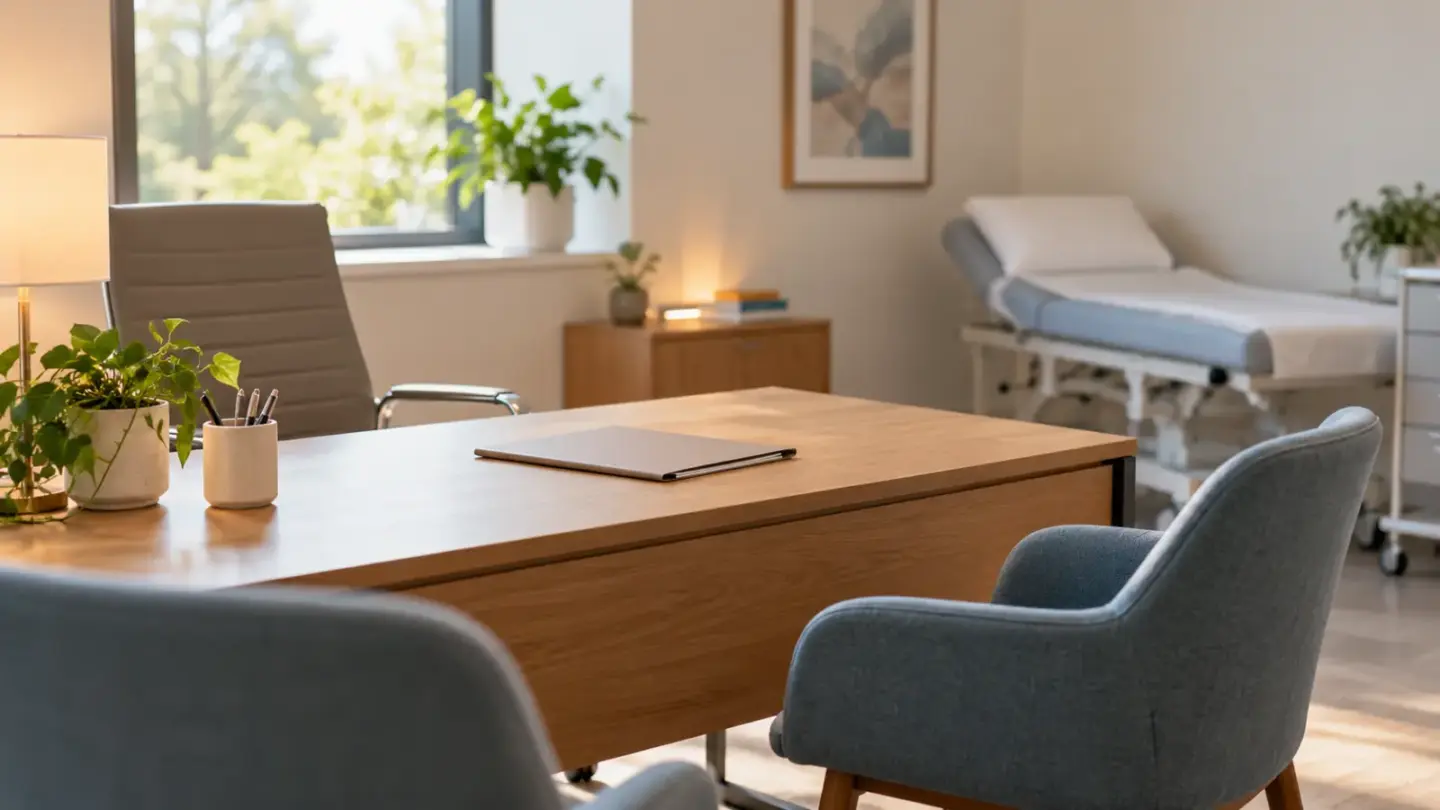 Fictional empty specialist consultation room with chairs, an appointment folder and a softly blurred examination couch.