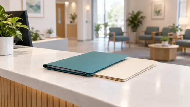 Fictional teal and cream appointment folders on a healthcare reception counter with an empty waiting area behind.