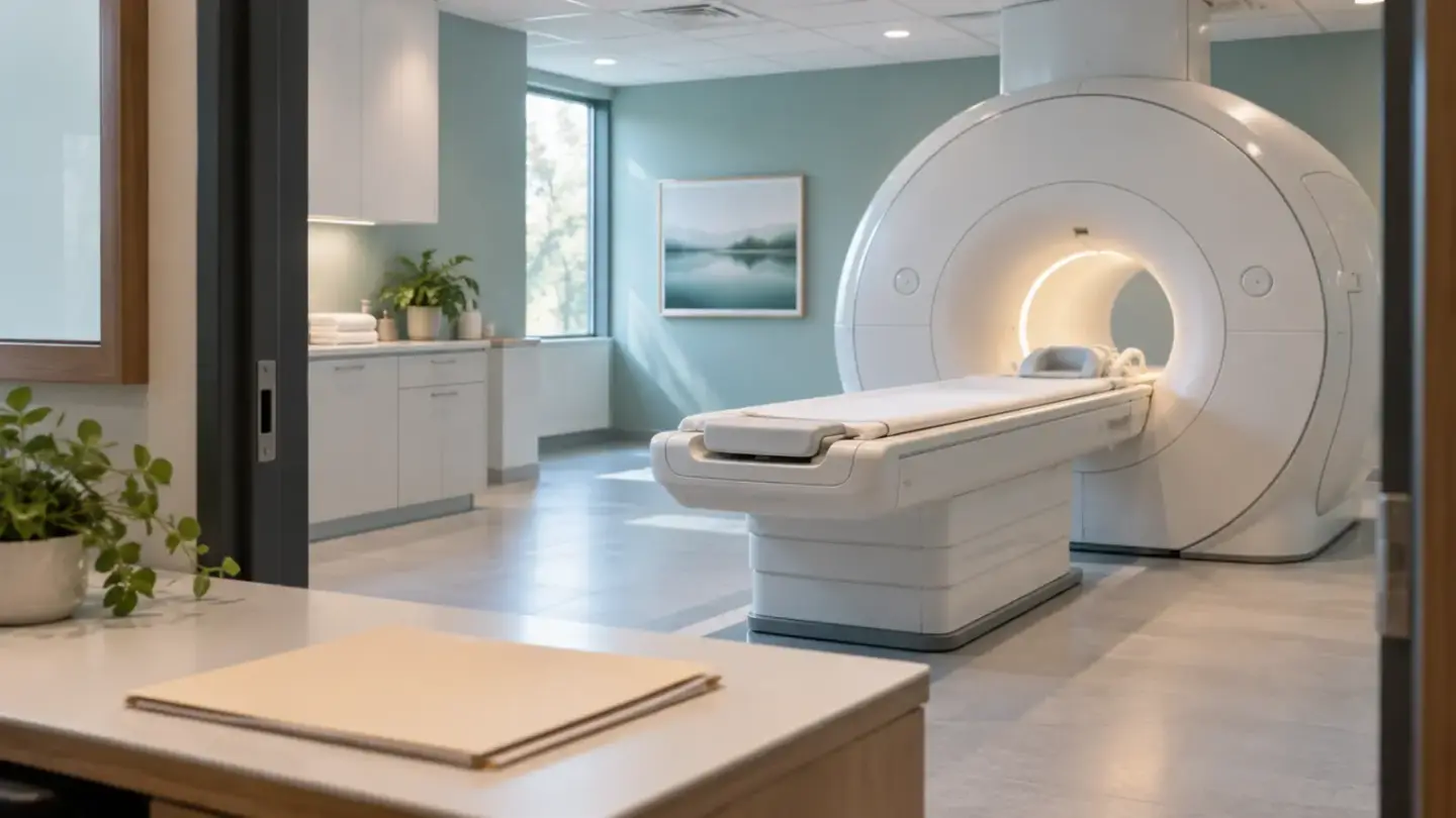 Fictional empty modern imaging room with a white scanner and plain referral folder in the foreground.
