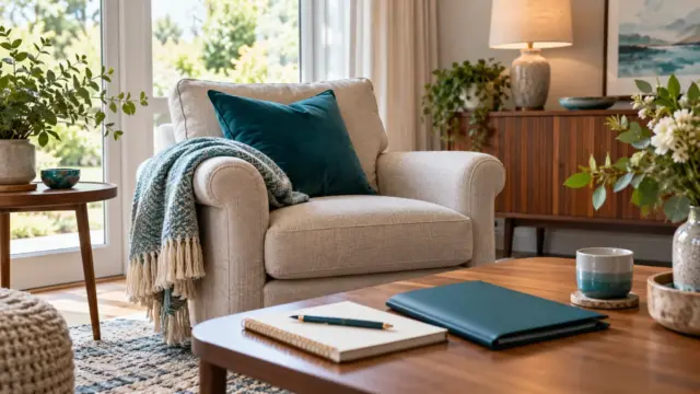 Fictional quiet recovery sitting room with an empty armchair, folded blanket and plain aftercare folder.