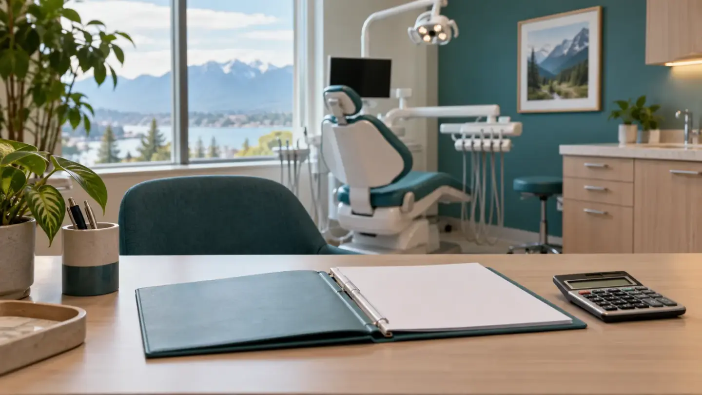 Fictional dental consultation room with a blank estimate folder and calculator