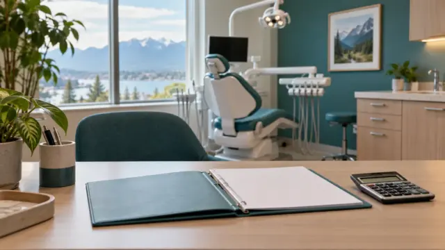 Fictional dental consultation room with a blank estimate folder and calculator