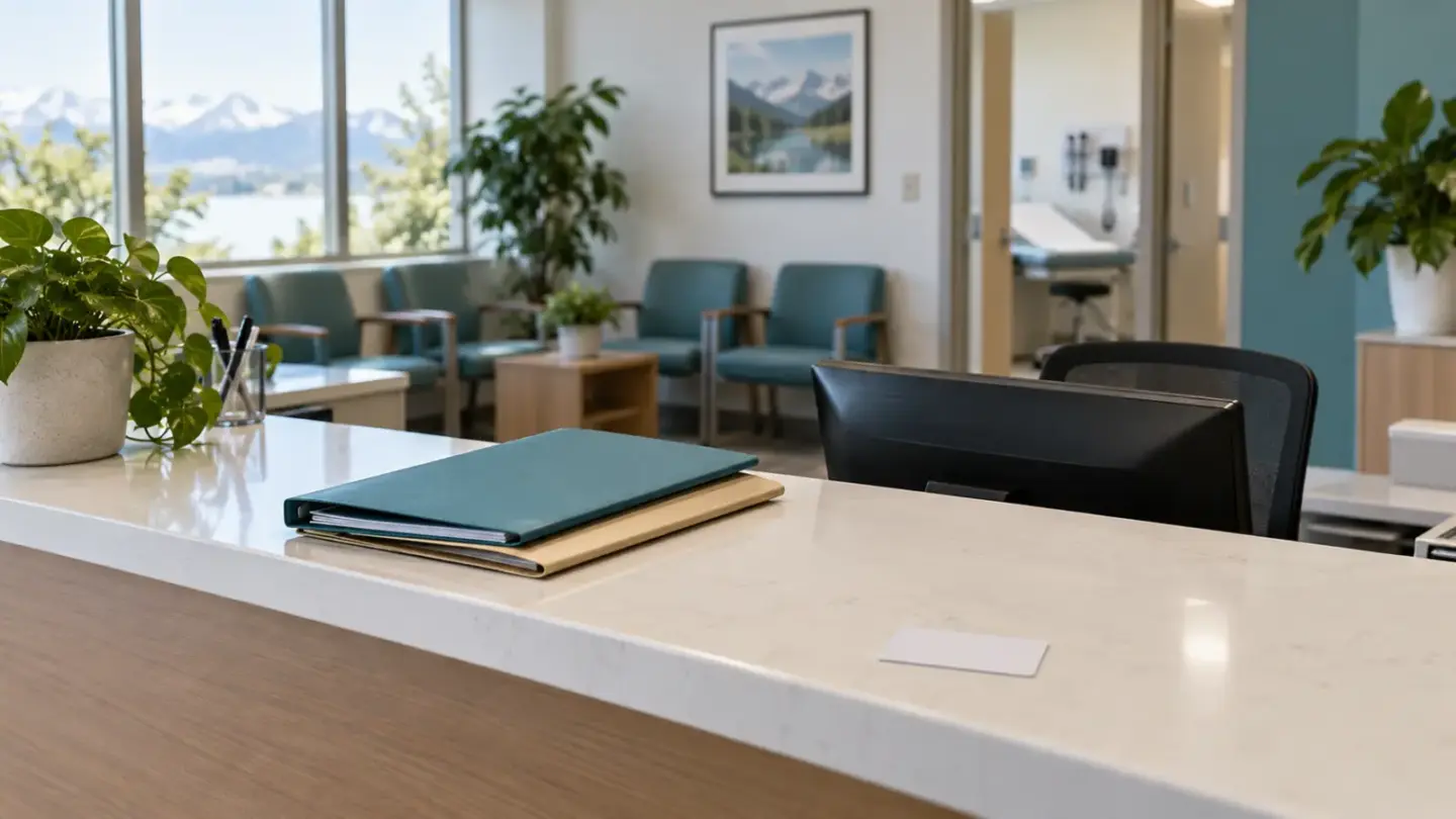 Fictional Canadian medical reception with plain folders and an unmarked face-down card