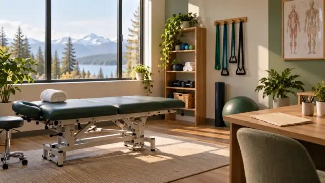 Fictional empty physiotherapy room with treatment table, exercise equipment and plain estimate folder