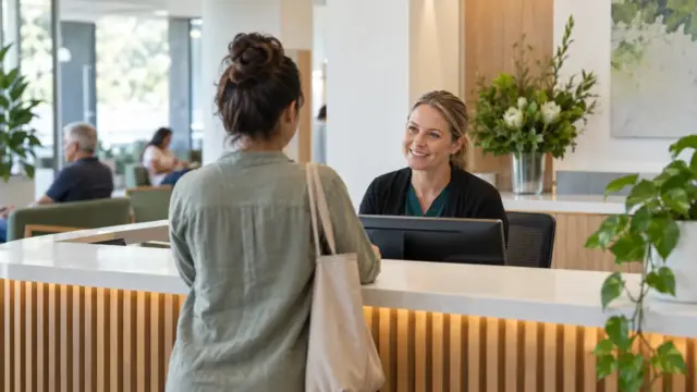 Fictional hospital reception with an adult patient discussing arrangements at a desk