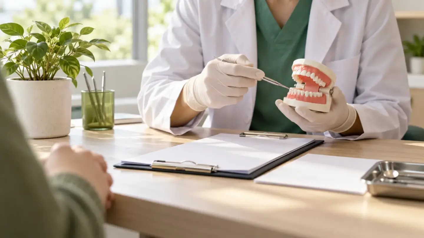 Fictional dental consultation with a dental model and blank estimate documents