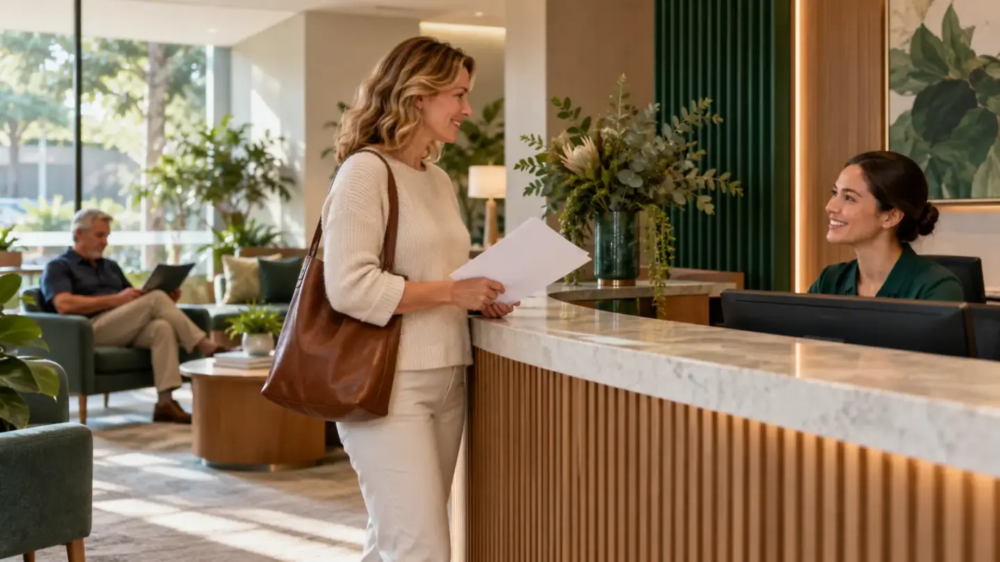 Fictional patient discussing an unmarked referral document at a clinic reception desk