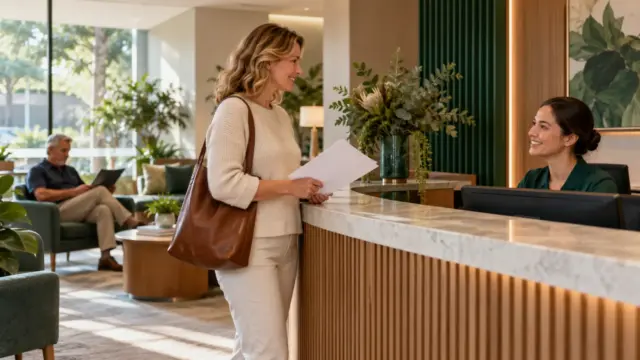 Fictional patient discussing an unmarked referral document at a clinic reception desk