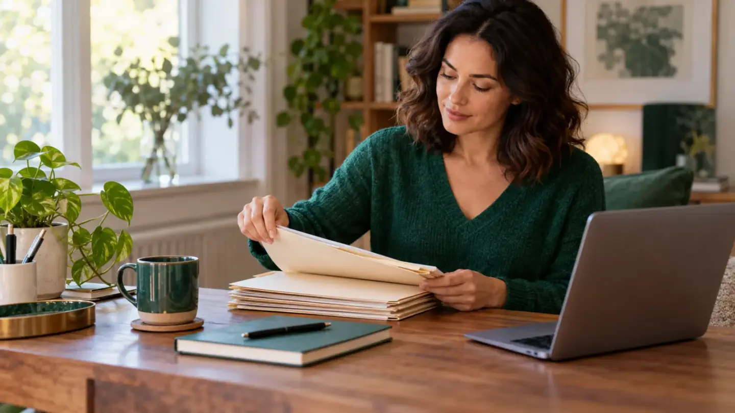 Fictional adult arranging plain medical record folders beside a laptop at a home desk