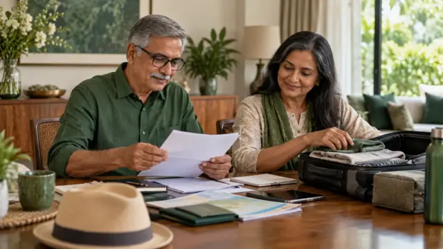 Fictional older couple reviewing travel documents beside an open suitcase at home