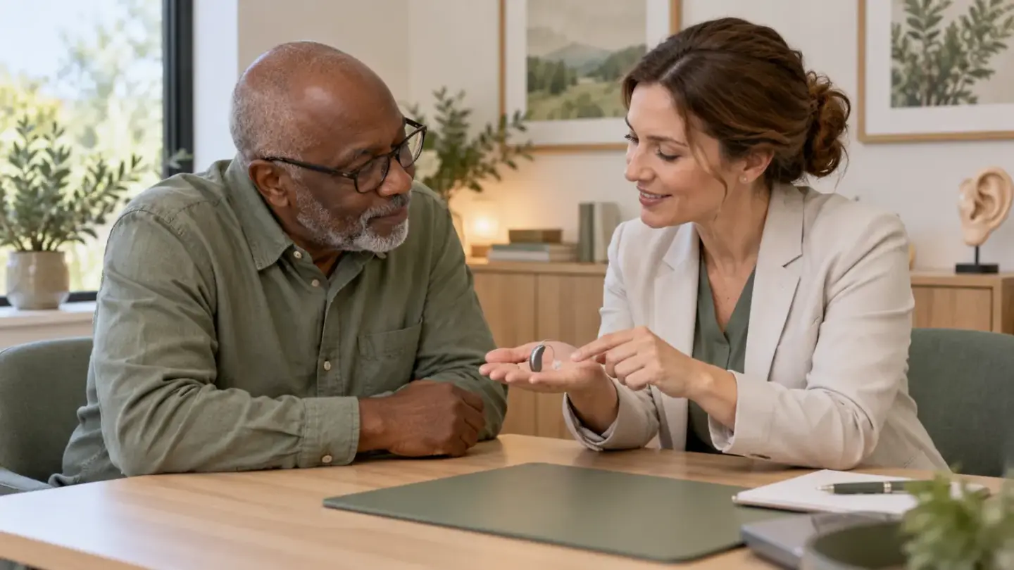 Fictional older adult and hearing-care professional examining a small generic hearing device in a consultation room