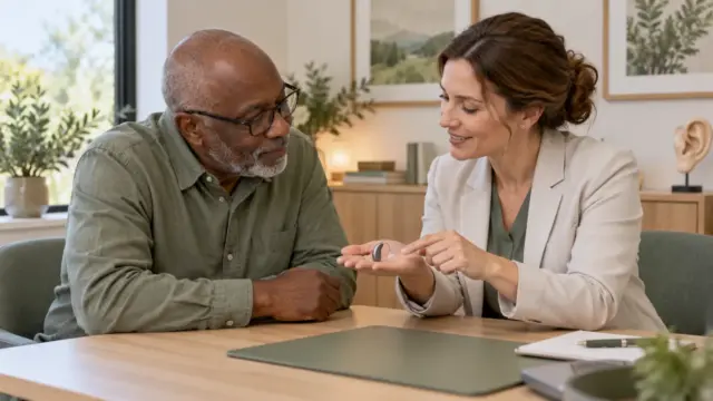 Fictional older adult and hearing-care professional examining a small generic hearing device in a consultation room