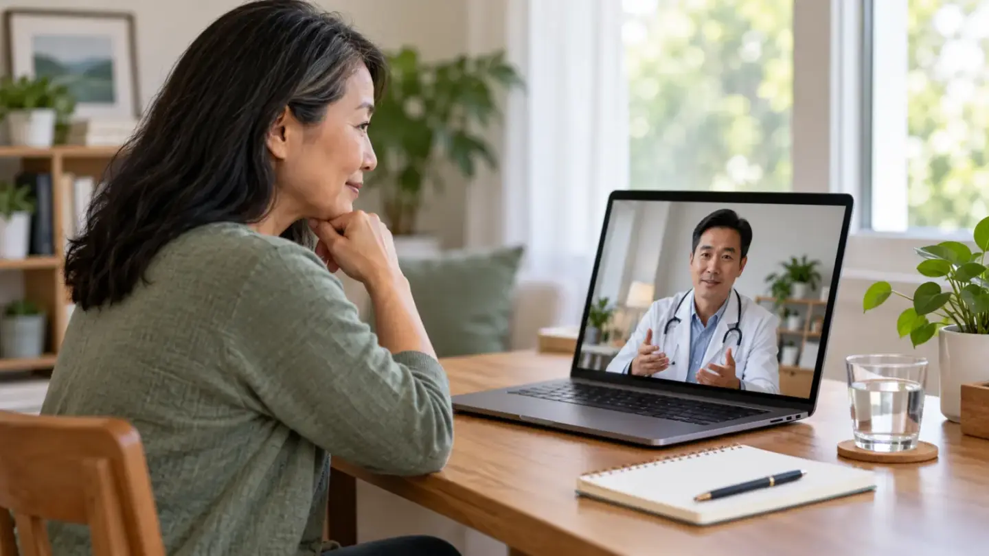 Fictional woman preparing for a video consultation with a clinician on her laptop