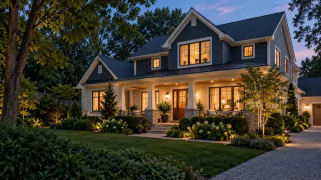 Detached home with a clearly visible pitched roof at dusk, illustrating a roof replacement planning guide.