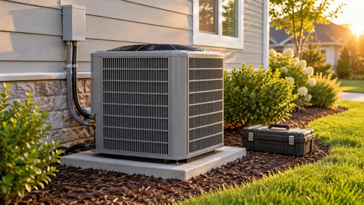 A closed outdoor HVAC condenser and tool case beside a fictional residential home.