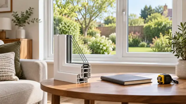 Fictional home window overlooking a garden, with a frame sample and closed notebook on a side table.