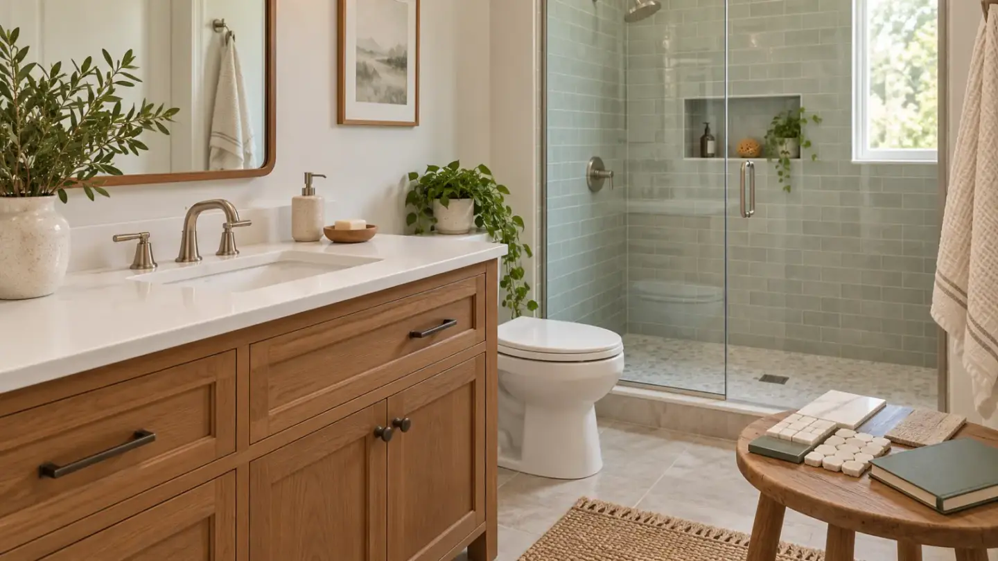 Fictional finished bathroom with a wood vanity, tile samples and a closed contractor notebook.