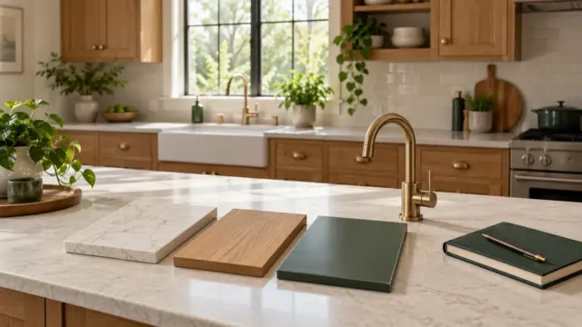 Fictional finished kitchen with cabinet finish samples, a plain tap sample and a closed contractor notebook.