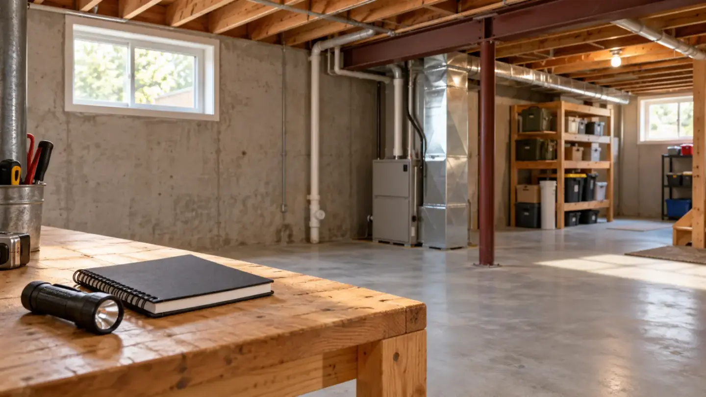 Fictional tidy unfinished basement with a closed inspection notebook and flashlight on a workbench.