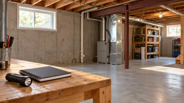 Fictional tidy unfinished basement with a closed inspection notebook and flashlight on a workbench.