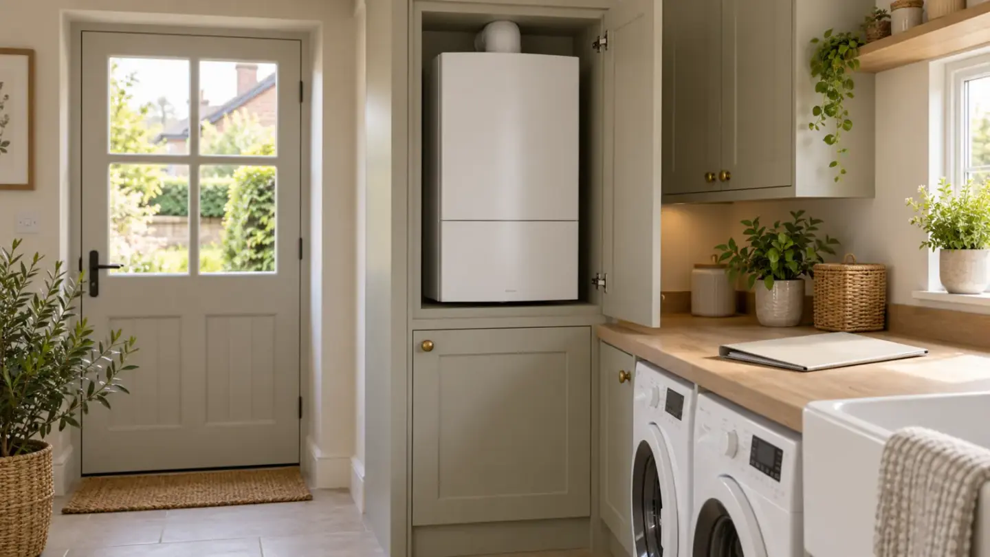 Fictional domestic boiler cabinet with a plain quote folder and closed notebook in a tidy utility room.