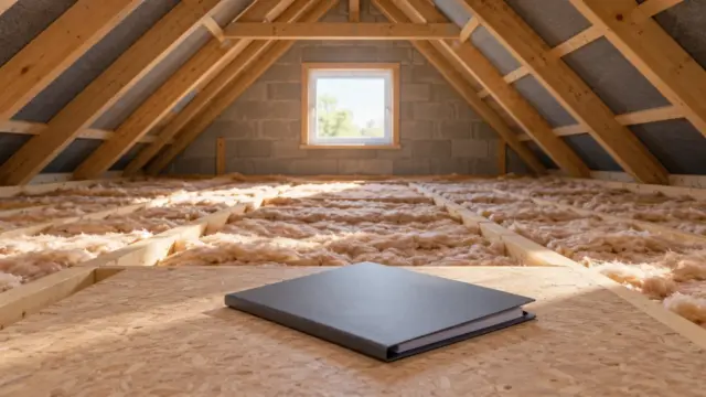 Fictional tidy loft with timber beams, insulation between floor joists and a closed quotation folder on a platform.