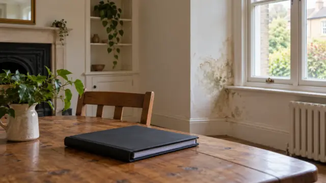 Fictional older home interior with discoloured plaster near a window and a closed survey folder on a table.