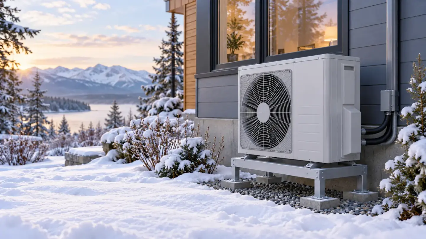 Fictional Canadian home in snow with an unbranded outdoor heat pump on an elevated stand and clear surrounding space.