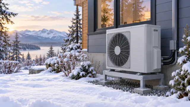 Fictional Canadian home in snow with an unbranded outdoor heat pump on an elevated stand and clear surrounding space.