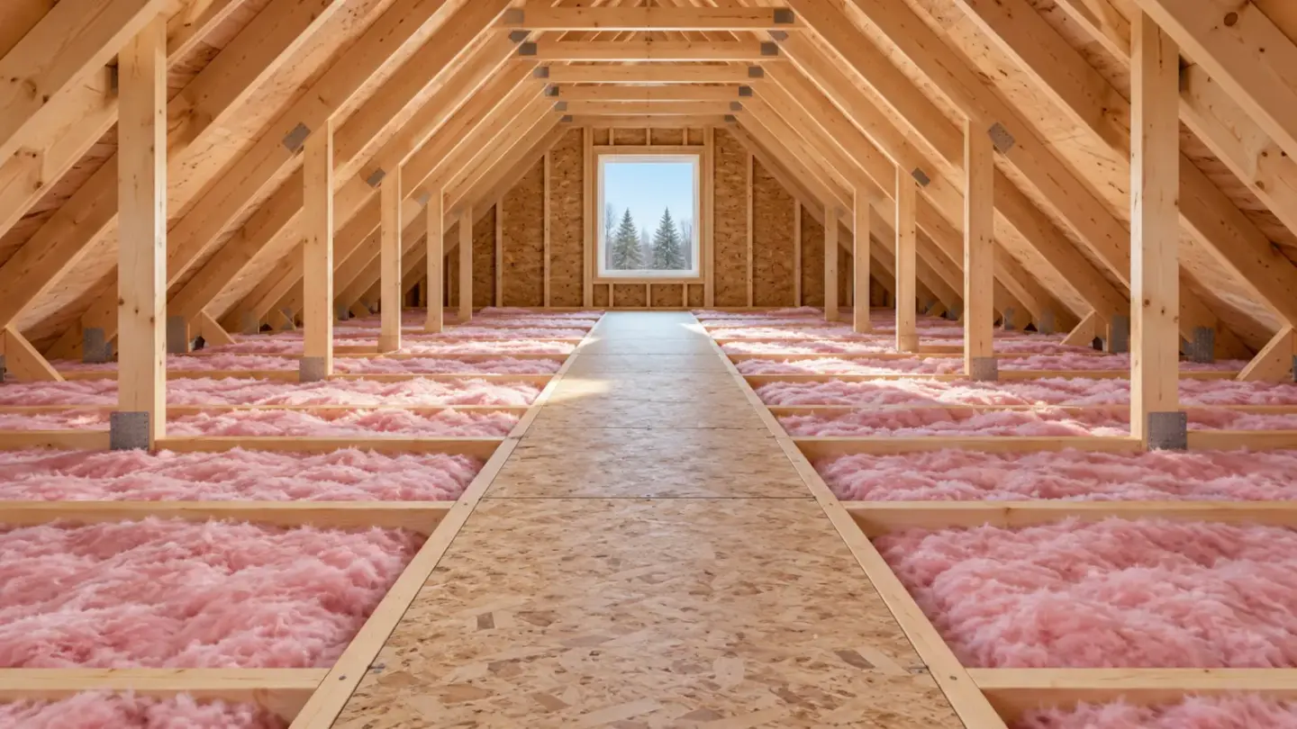Fictional unfinished attic with timber framing, pink fibrous insulation and a clear central walkway.