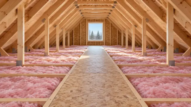 Fictional unfinished attic with timber framing, pink fibrous insulation and a clear central walkway.