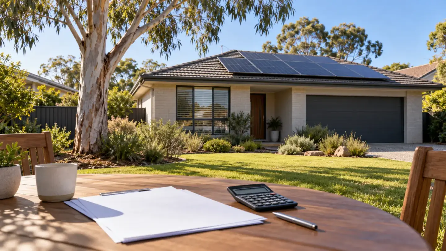 Fictional Australian suburban home with rooftop solar panels and blank quote papers on an outdoor table.