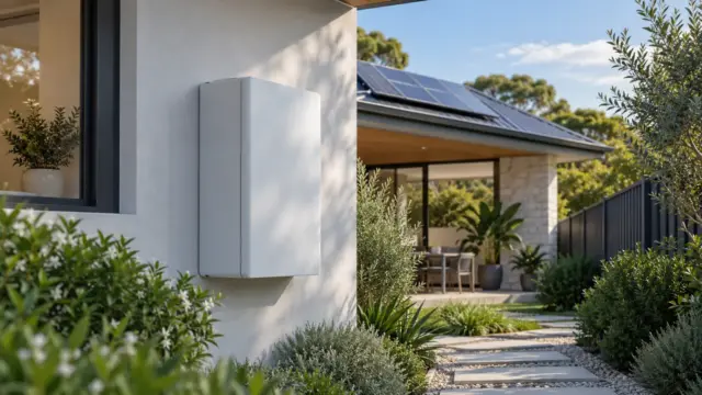 Fictional home battery cabinet beside an Australian house with distant rooftop solar panels; not installation guidance.