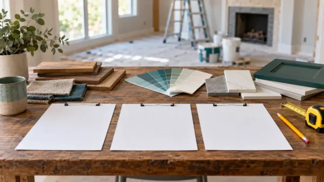 Fictional renovation planning table with blank estimates, material samples and measuring tape