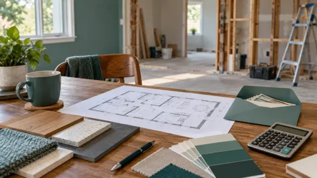 Fictional renovation planning table with floor plan, material samples and a reserve envelope