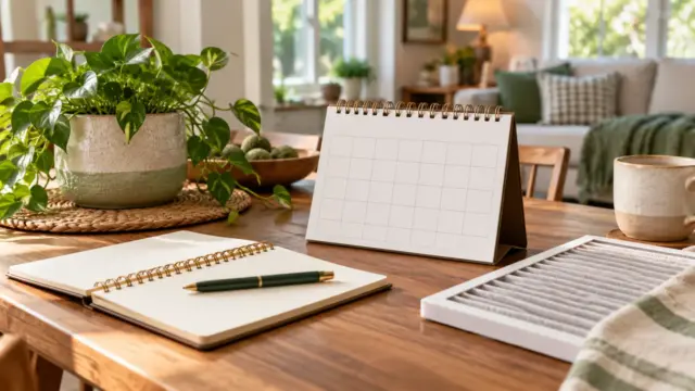 Fictional home-maintenance planning table with blank calendar, notebook and filter sample