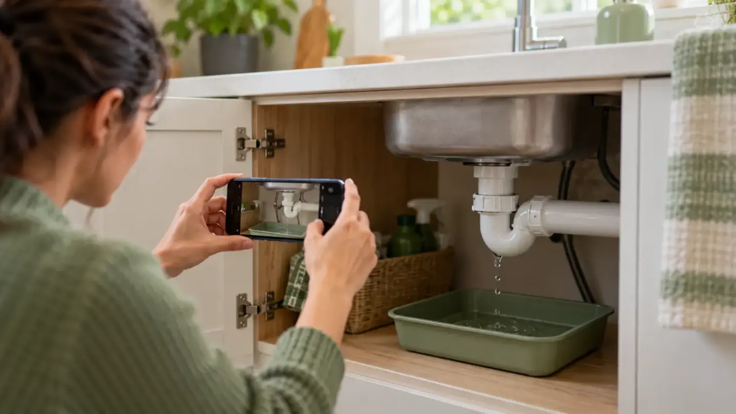 Fictional person photographing a visible under-sink drip above a shallow tray