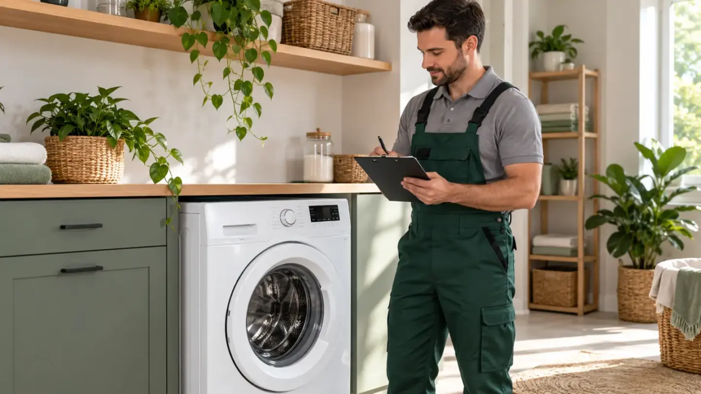Fictional technician recording observations beside a closed washing machine