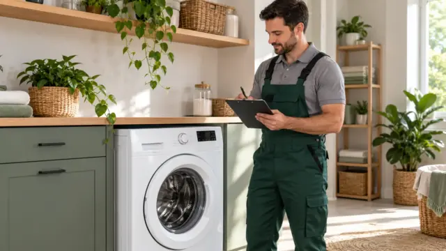 Fictional technician recording observations beside a closed washing machine