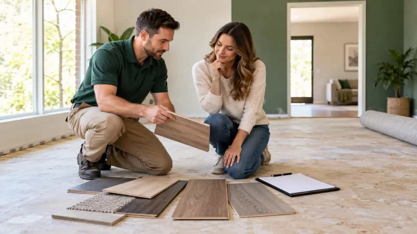 Fictional homeowners comparing flooring samples with an installer beside a clear unfinished floor